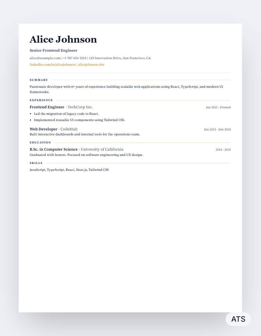 Classic resume template preview